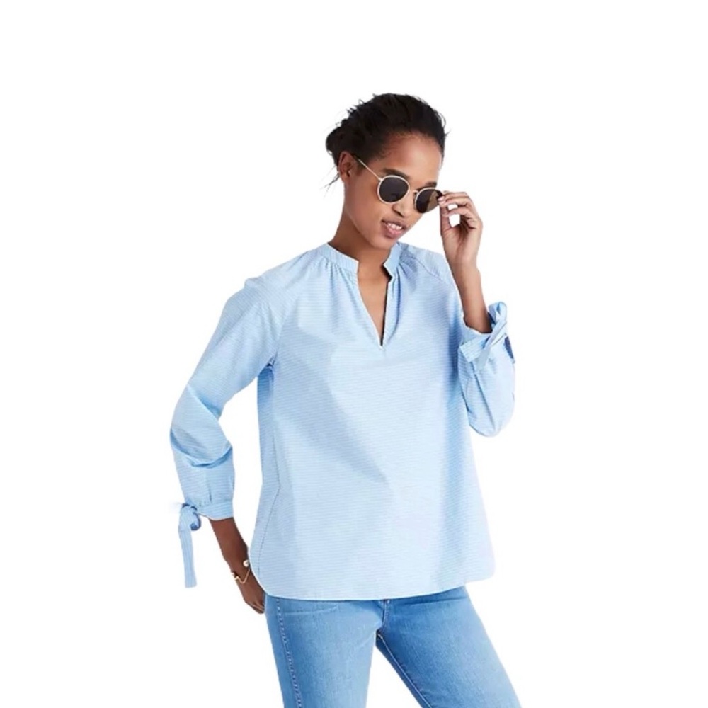 Madewell Blouse Women Size Small Light Blue Striped tie-sleeve popover top - Picture 2 of 12